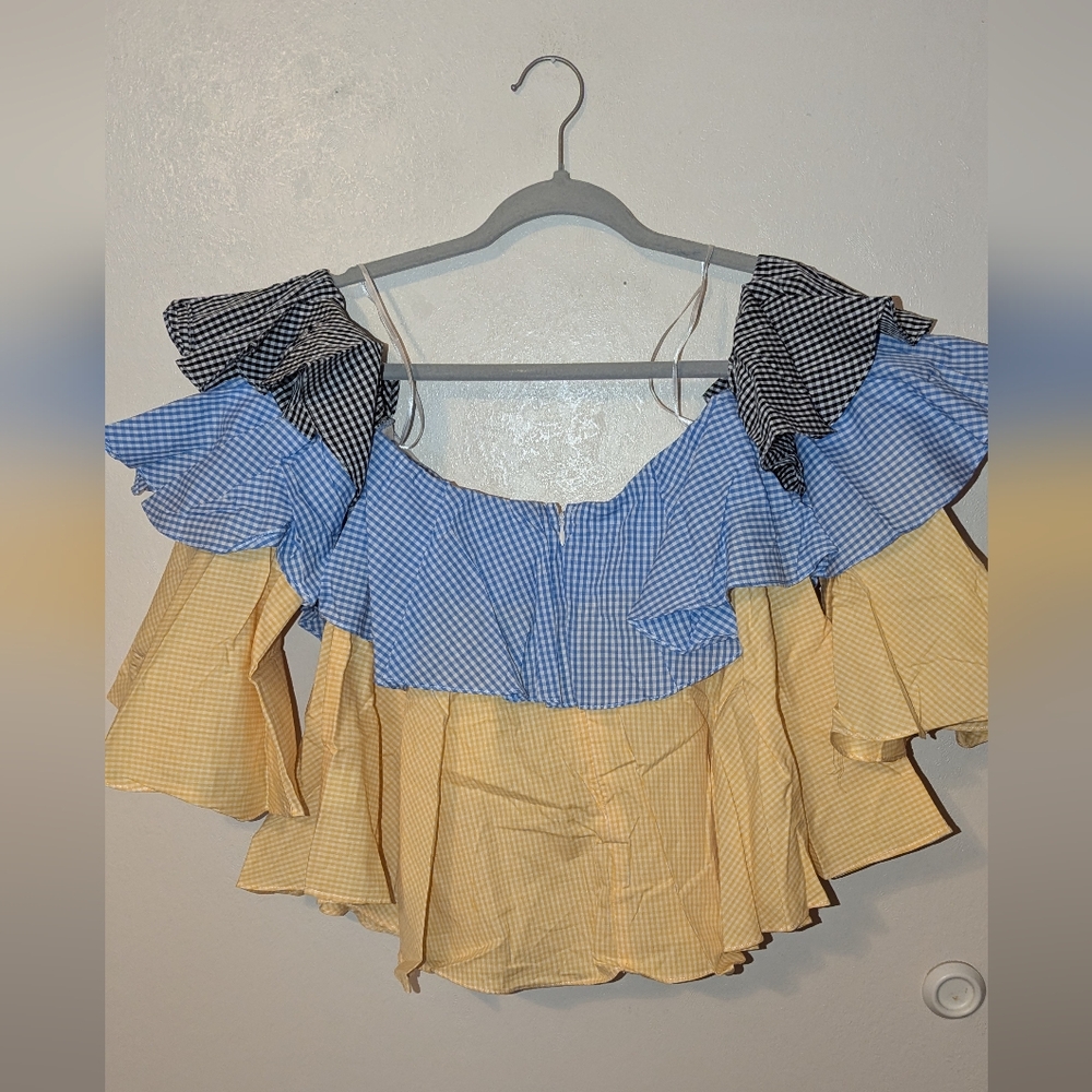 NWT Gingham Ruffle Off-Shoulder Crop Top in Blue, Yellow & Black